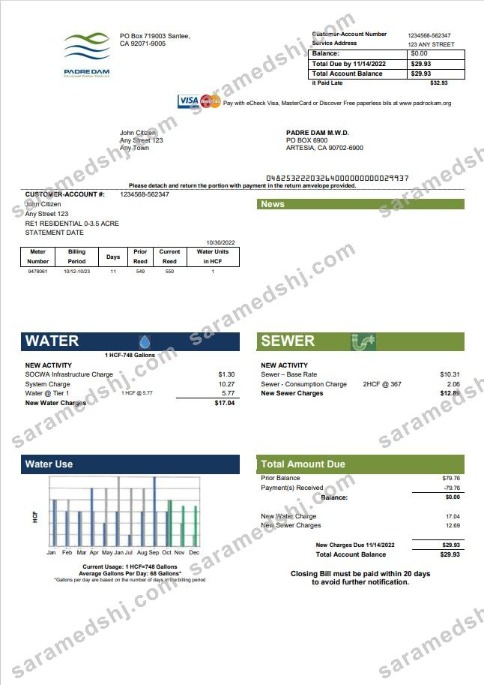 USA California Padredam utility bill template in Word and PDF format